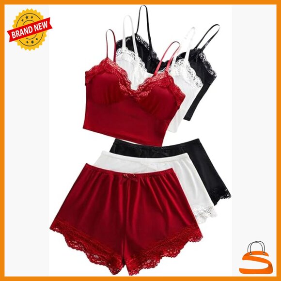 Large 6-Piece Pajama Set Lace Trim Camisole Shorts Sleepwear